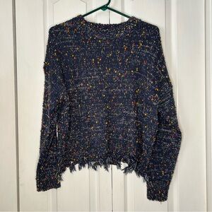 Top Style Speckled Navy Women's Crew fringe hem Neck Sweater M